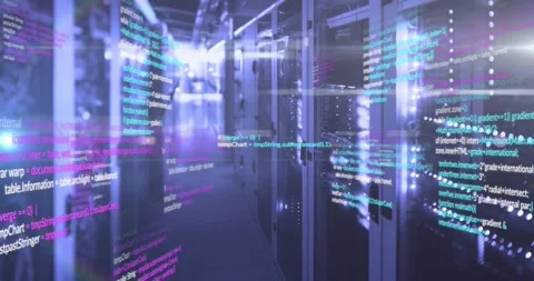 Camera moving through server corridor, revealing code streams scrolling, Stock Footage 320287176