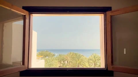 Camera moving through window. Sea view background. Stock Footage 158130332