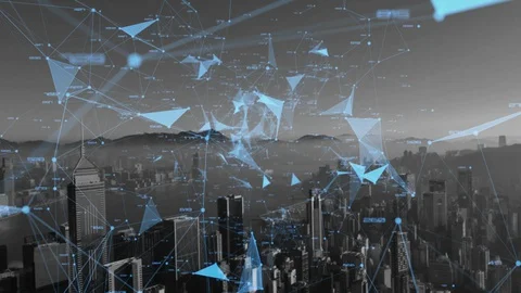 Camera moving throught linking communication network with numbers in Hong Kong Video stock 129329300