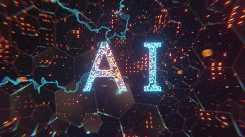 Camera moving toward AI text made of particles inside Neuron Video stock 256182827