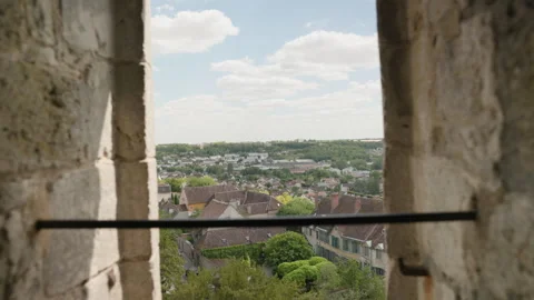Camera Moving Towards Stone Window Opening Revealing View of Provins Vídeo Stock 340636559