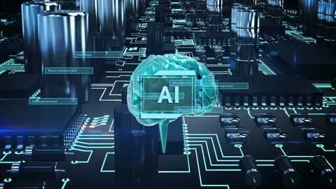 Camera moving triggers teal brain hovering above chip HUD labeled AI, panels Stock Footage 335316875