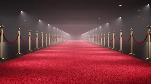 Camera is moving trough the spotlit red carpet decorated with velvet ropes Stock Footage 285834373