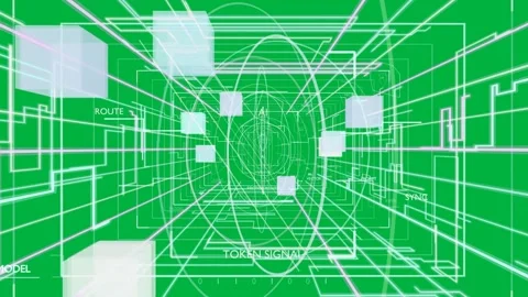 Camera moving into tunnel wireframe rings rotating cubes drifting transparent Stock Footage 335780857