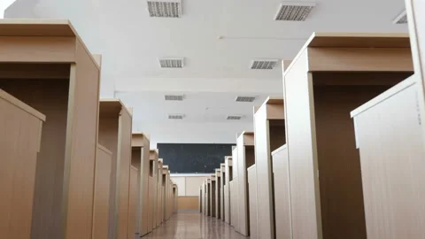 Camera Moving Under The Desks In Classroom, Auditorium, Lecture Hall Stock Footage 98854559