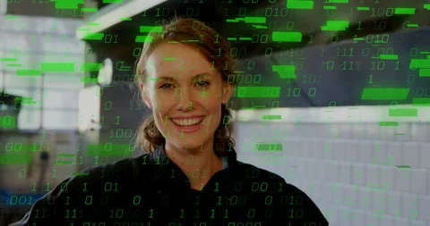 Camera moving upward, chef smiling in kitchen, green data overlay covering face Stock Footage 331820663