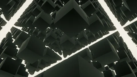 Camera navigating in a 3d black reflective cubes structure on a white background Video stock 116838322