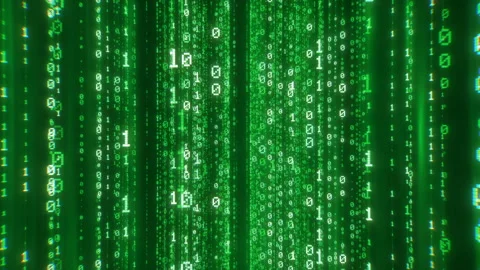 Camera navigating into a curtain of vertical digital green binary digits Stock Footage 168114412