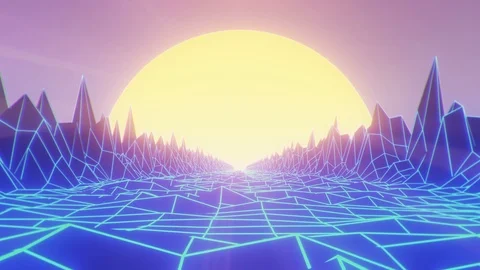 Camera navigating into a low poly wireframe mountain landscape at sunset Video stock 124070682