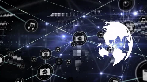 Camera node appearing starting media nodes flowing network around globe showing Stock Footage 314438213