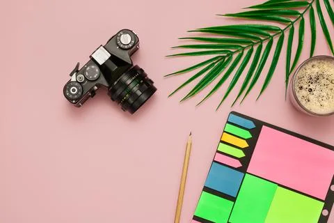 A camera, a notebook with a pencil, a cup of coffee and a leaf of a palm  Stock Photos