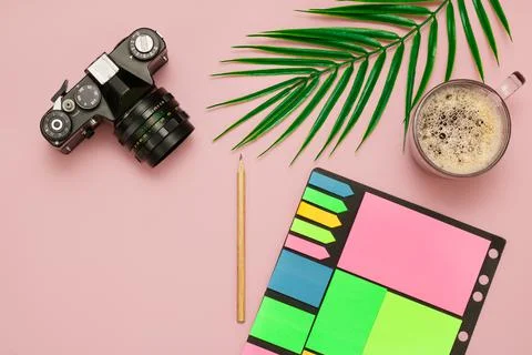 A camera, a notebook with a pencil, a cup of coffee and a leaf of a palm tree Stock Photos