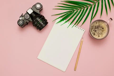 A camera, a notebook with a pencil, a cup of coffee and a leaf of a palm tree Stock Photos