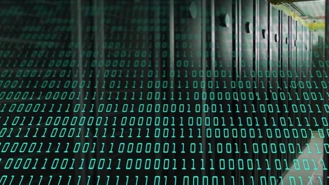 Camera nudging right revealing teal binary grid scrolling down rack faces, Stock Footage 335465693