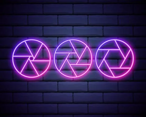 Camera objective. simple silhouette. Neon style. Light decoration icon. Brigh Stock Illustration