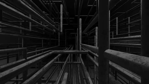 The camera observes the interweaving of pipes in a dark room. Video stock 131393658