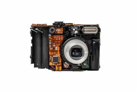 A camera is opened up and the inside is visible Stock Photos