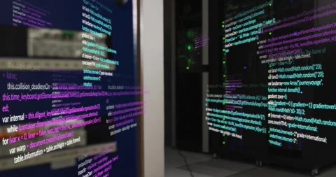 Camera opening close-up floating code panels over server rack, panning right Stock Footage 318143371
