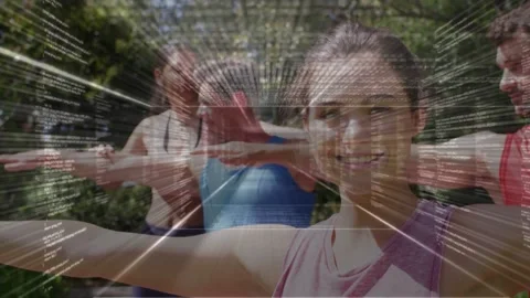 Camera opening cueing grid crossing bodies, front woman turning smiling, rear Stock Footage 333448184