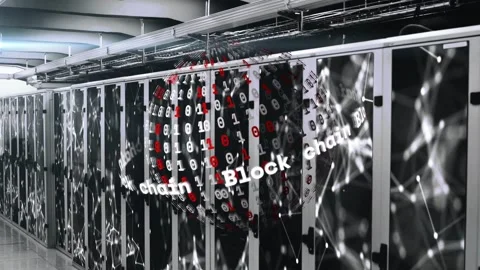 Camera opening data center racks hosting rotating globe binary digits and Block Stock Footage 332591953