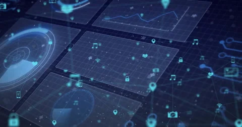 Camera opening isometric grid revealing panels as holographic icons drifting to Stock Footage 313639675