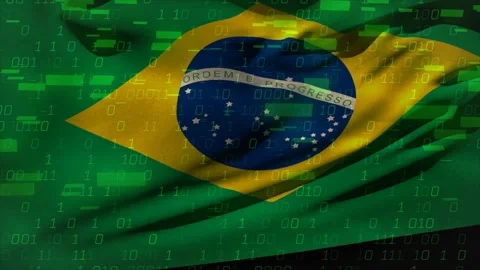 Camera opening tight on globe Brazil flag rippling binary code data bars rising, Stock Footage 329575324