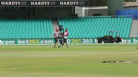 Camera operators setting up the spider cam at the cricket Stock Footage 52358061