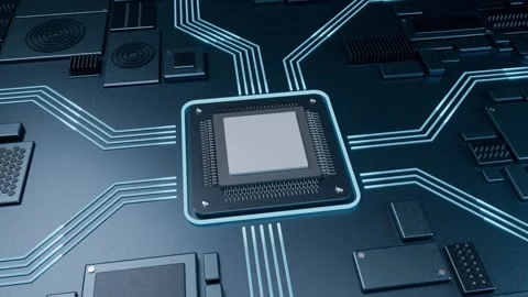 Camera orbiting 360 degrees around processor chip on glowing circuit board Stock Footage 348224804