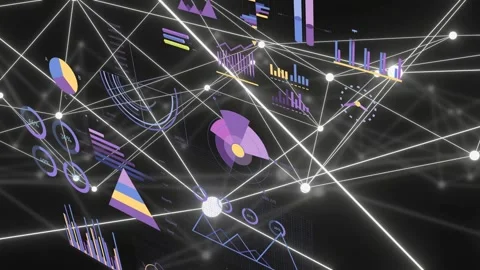 Camera orbiting 3D data network, revealing floating charts and nodes, showing Stock Footage 335739469