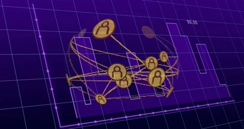 Camera orbiting 3D sphere rotating, gold tokens moving and scaling, revealing Stock Footage 330546969