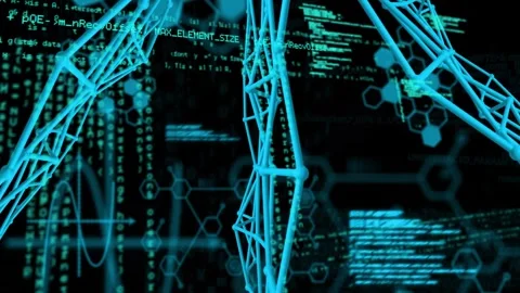 Camera orbiting and zooming, two teal lattices shifting and rotating, revealing Stock Footage 328266389