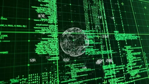 Camera orbiting as central mesh sphere rotating grid lines sliding code Stock Footage 329611387