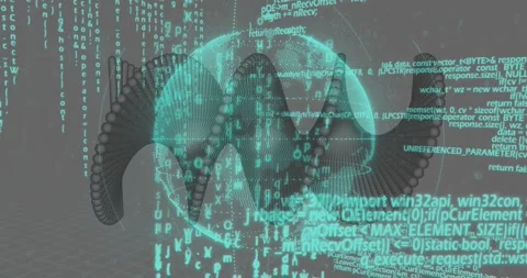 Camera orbiting, cyan mesh globe rotating and pulsing as code columns scrolling, Stock Footage 321099894