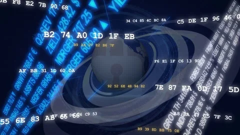 Camera orbiting as cyan tickers and laser beams aligning toward 3D globe showing Stock Footage 335465790