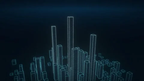 Camera orbiting a glowing wireframe data city skyline at night Vídeo Stock 344842926