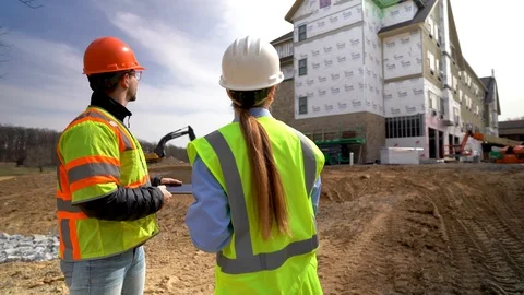Camera orbits to left around woman engineer and construction foreman as they Stock Footage 127124182