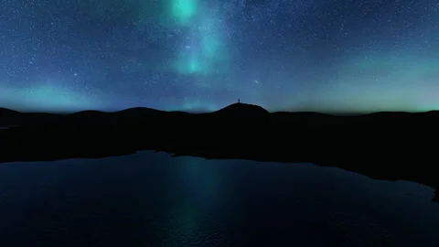 Camera over a glacial lake, Aurora Borealis lights, camera aproaching man's  Stock-Footage 260795192