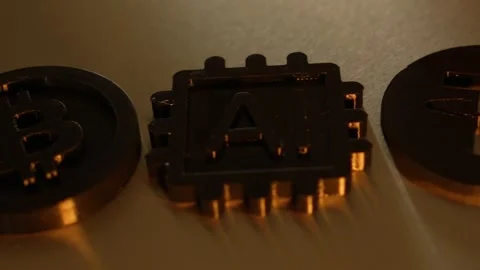 Camera Pan Across AI Microchip, Bitcoin, Dai and Tether Crypto Coins in Neon Stock Footage 348003529
