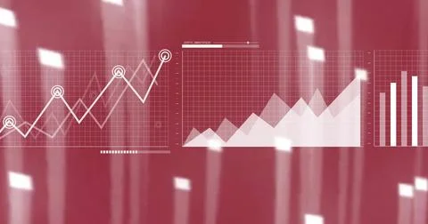 Camera pan activating line chart, nodes pulsing, area layers fading, bars rising Stock Illustration