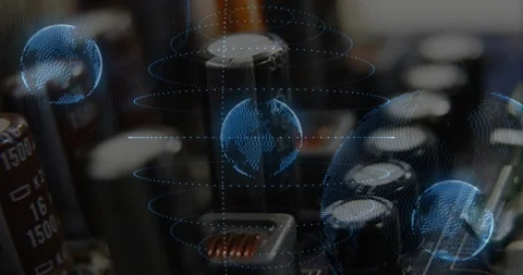 On camera pan blue dotted holograms drifting, scaling over PCB caps and chip, Video stock 321070909