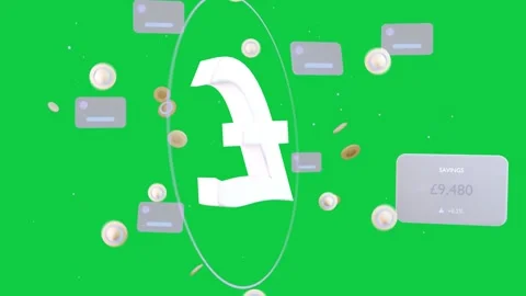 Camera pan causing 3D £ rotating ring sweeping coins cards revealing savings on Stock Footage 337887686