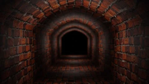 Camera pan forward through dark gloomy red brick corridor. 3d render looped anim Stock Footage 308806015