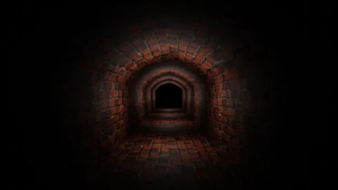 Camera pan forward through dark gloomy red brick corridor. 3d render looped anim Stock Footage 308806017