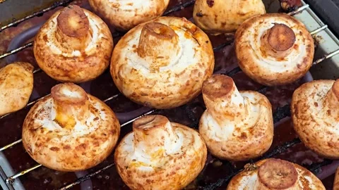 Camera Pan Moving Over Grilling Mushrooms on BBQ Grill 库存影片 344703865