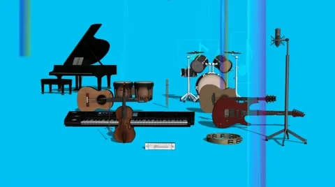 Camera Pan of Musical Instruments with Blue Background Stock Footage 20050459