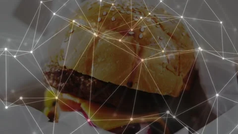 Camera pan nudging burger center, node overlay pulsing over bun, revealing Stock Footage 333005022