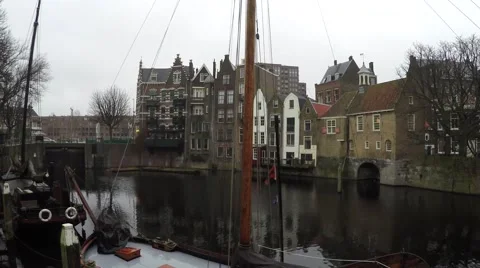 Camera pan of old harbour Delfshaven Rotterdam old architecture 4k Stock Footage 59806208