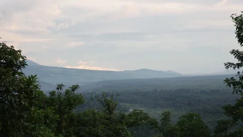 Camera pan over African jungle onto a dormant volcano Mikeno. 库存影片 74327994