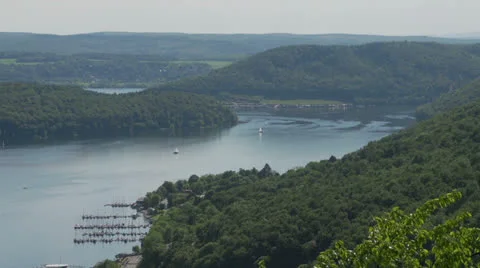 Camera pan over large reservoir Stock Footage 24739503
