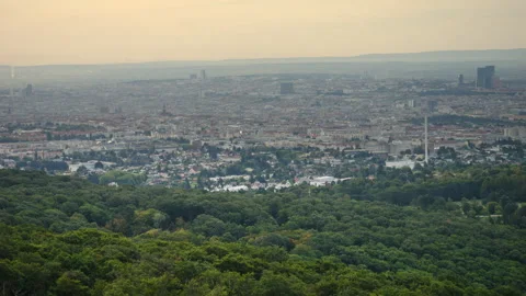 Camera pan over the urban skyline of Vienna, Austria at morning Stock Footage 318150344